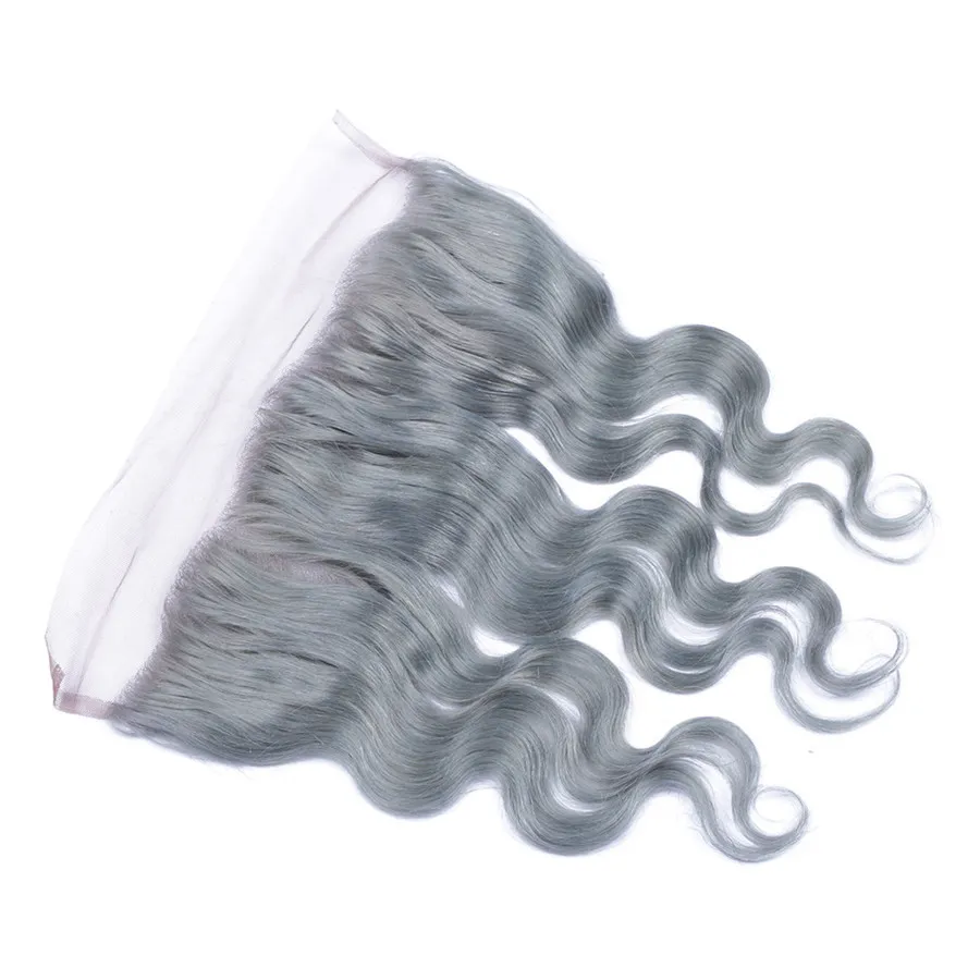 Frontale in pizzo dell'onda del corpo dei capelli umani grigi con fasci di tessuto di capelli vergini peruviani grigi con chiusura frontale in pizzo 4 pezzi / lotto