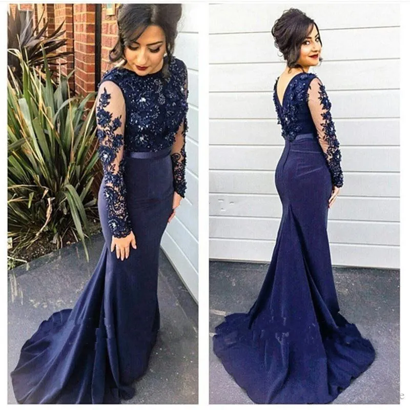 Navy Blue Formal Evening Dresses Illusion Long Sleeve Mermaid