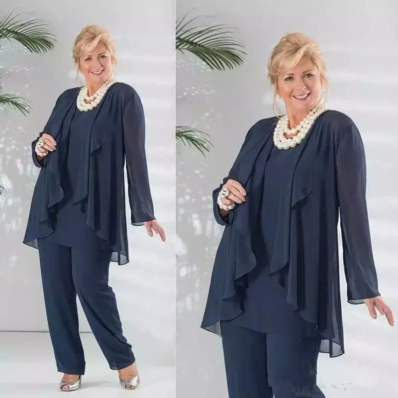 Navy Blue Chiffon Moeder van de Bruid Pakken met Jas Plus Size Dames Formele Avondjurken Lange Vloer Lengte Bruiloft Gastjurk