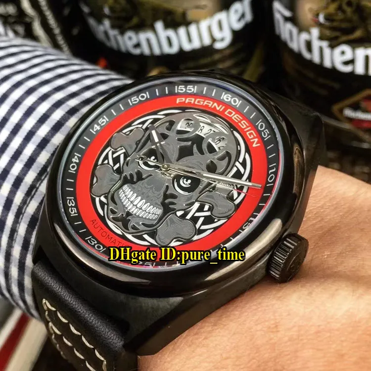 New 42mm Date Pagani Automobili PVD Black Steel Skeleton Skull Dial Automatic Mens Watch Leather Strap High Quality Cheap Gents Watches