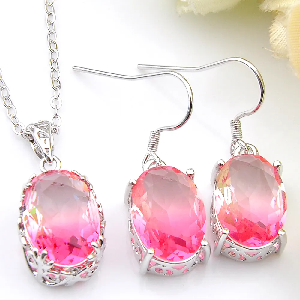 Luckyshine Jewelry Sets Round Tourmaline 925 Silver Necklace Oval Pink Zircon Pendant Earring Wedding Jewelry Sets 