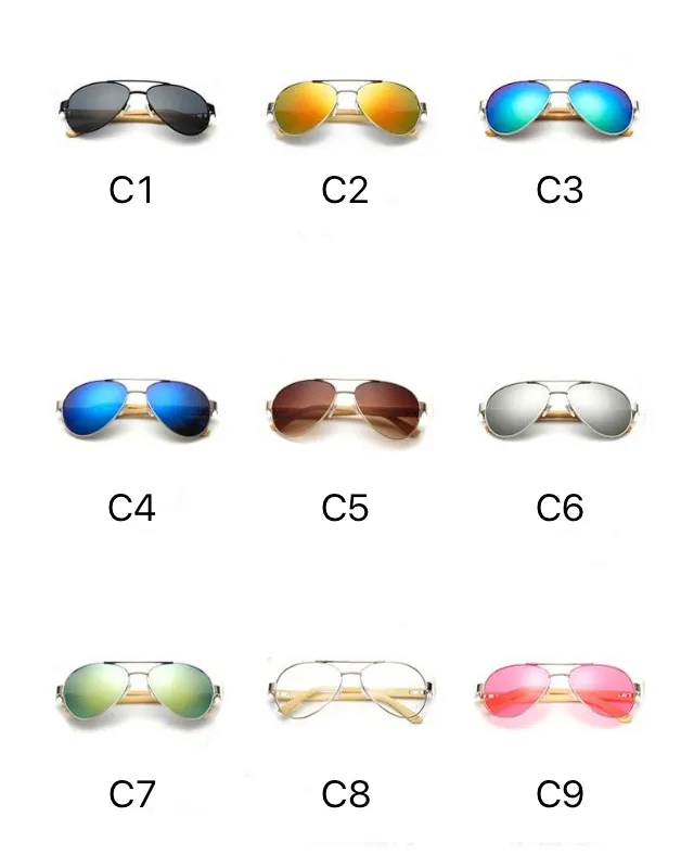 9 färger coola pilot solglasögon bambu templen metall ram kvicksilver linser UV400 logo graverad service OEM grossist