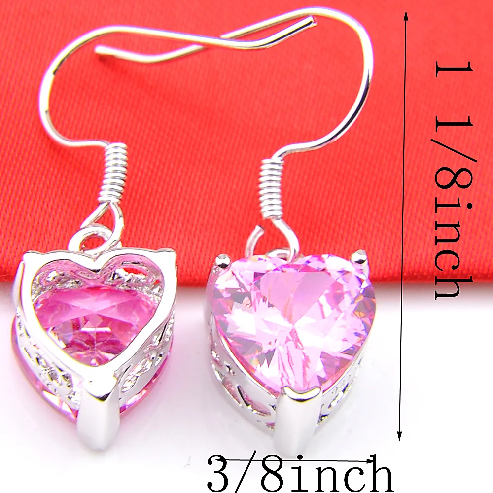 LuckyShine Moda Kadınlar Küpe Pembe Künzit Taşlar Aşk Kalp Taşlı Zirkon 925 Düğün Hediye Dangle Mücevher 12 Çifti tasarımları