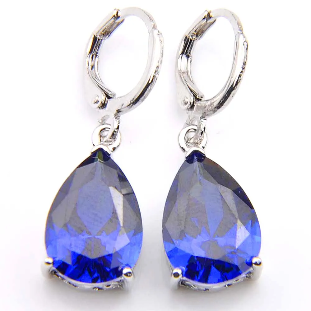 10Prs Luckyshine Fashion Shine Water Drop Fire Blue Topaz Cubic Zirconia Gemstone Silver Dangle Earrings for Holiday Wedding Party