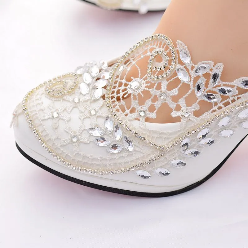 Luxury Crystal Wedding Shoes Woman Pumps 8Cm High Heels White Low Heels Party Bridal Shoes Pump Ladies