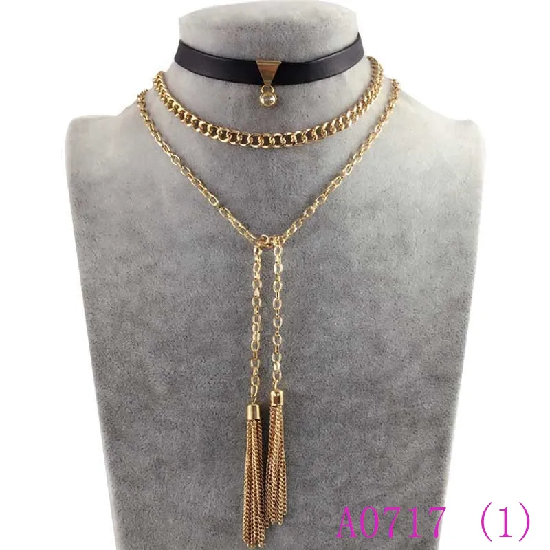 3 pz Stile Punk Multistrato Color Oro Lunga Catena Doppia Nappa Collana Del Pendente In Pelle Femminile Chocker Gioielli Collier Femme A0717