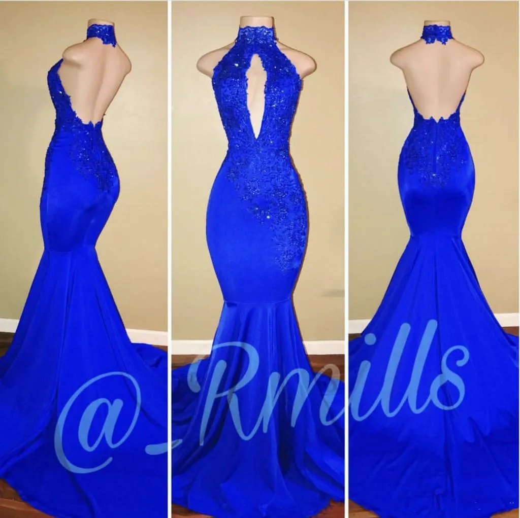 Royal Blue Mermaid Prom Dresses Halter Neck Keyhole Backless Elastico Abiti da sera lunghi Celebrity Dress 2K18 Rachael Mills