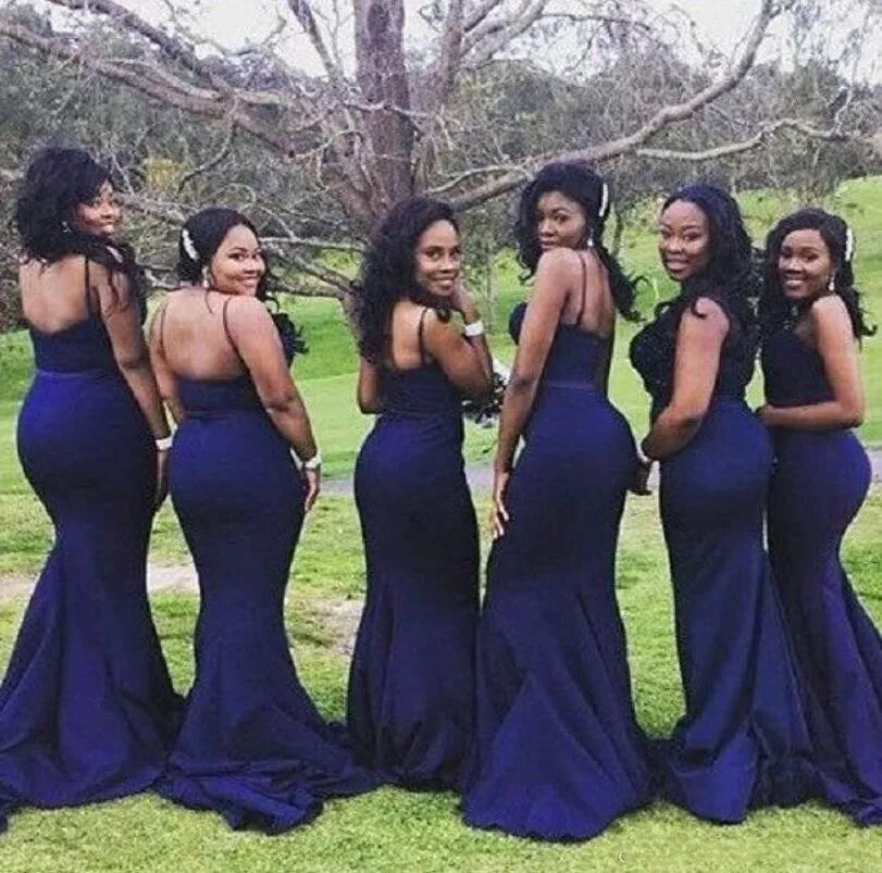 2018 African Dark Blue Mermaid Vestidos de dama de honor Sexy Spaghetti Straps Sweetheart Maid of Honor Vestidos Satin Custom Made Wedding G345v