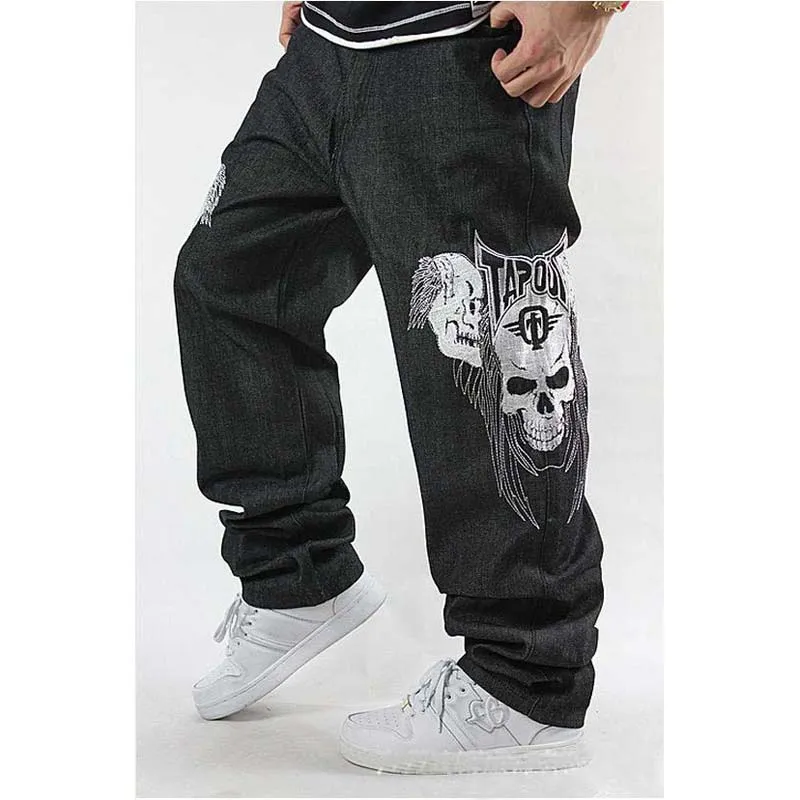 Mode noir jean hommes Denim jean pantalon crânes broderie droite ample Baggy Hip Hop Harem Skateboard pantalon grande taille 30-44