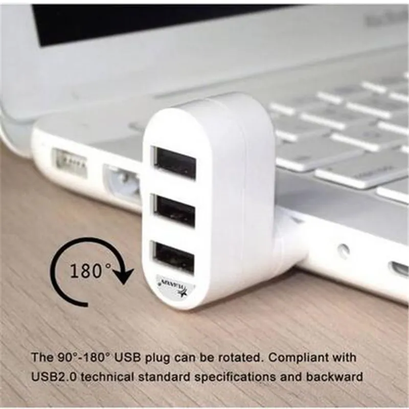 Envío gratis Ventas al por mayor Mini 3 puertos USB 2.0 Girar Adaptador de divisor externo Hub para PC Laptop School Supplies