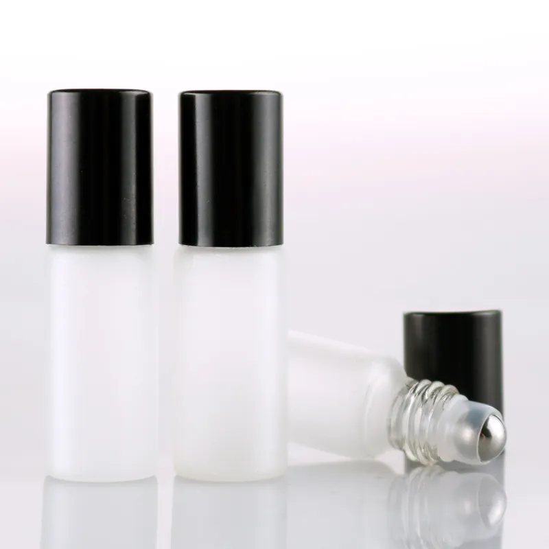 Frosted White 5ml Glass Roll on Bottle with Metal Roller Ball Glass Perfume Roll-On Vials Essential Oil Bottle with Black/Gold/Silver Cap