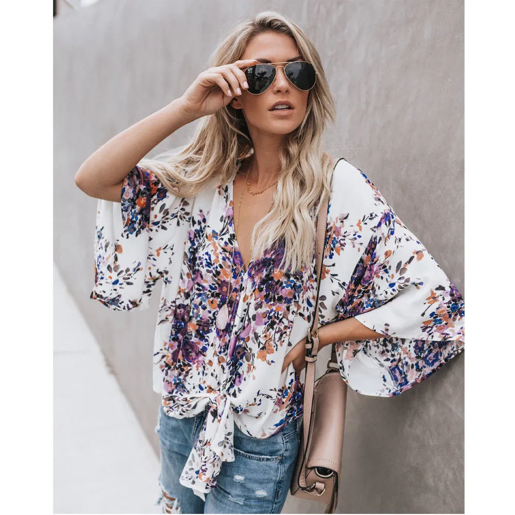 Nowa Moda Kobiety Sexy Flower Casual Loose V Neck Bandaż Szyfonowa Koszula Z Długim Rękawem Bluzka Bluzki Dama Odzież