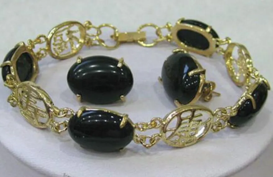 Ensemble de boucles d'oreilles/bracelets en pierre riche noire naturelle