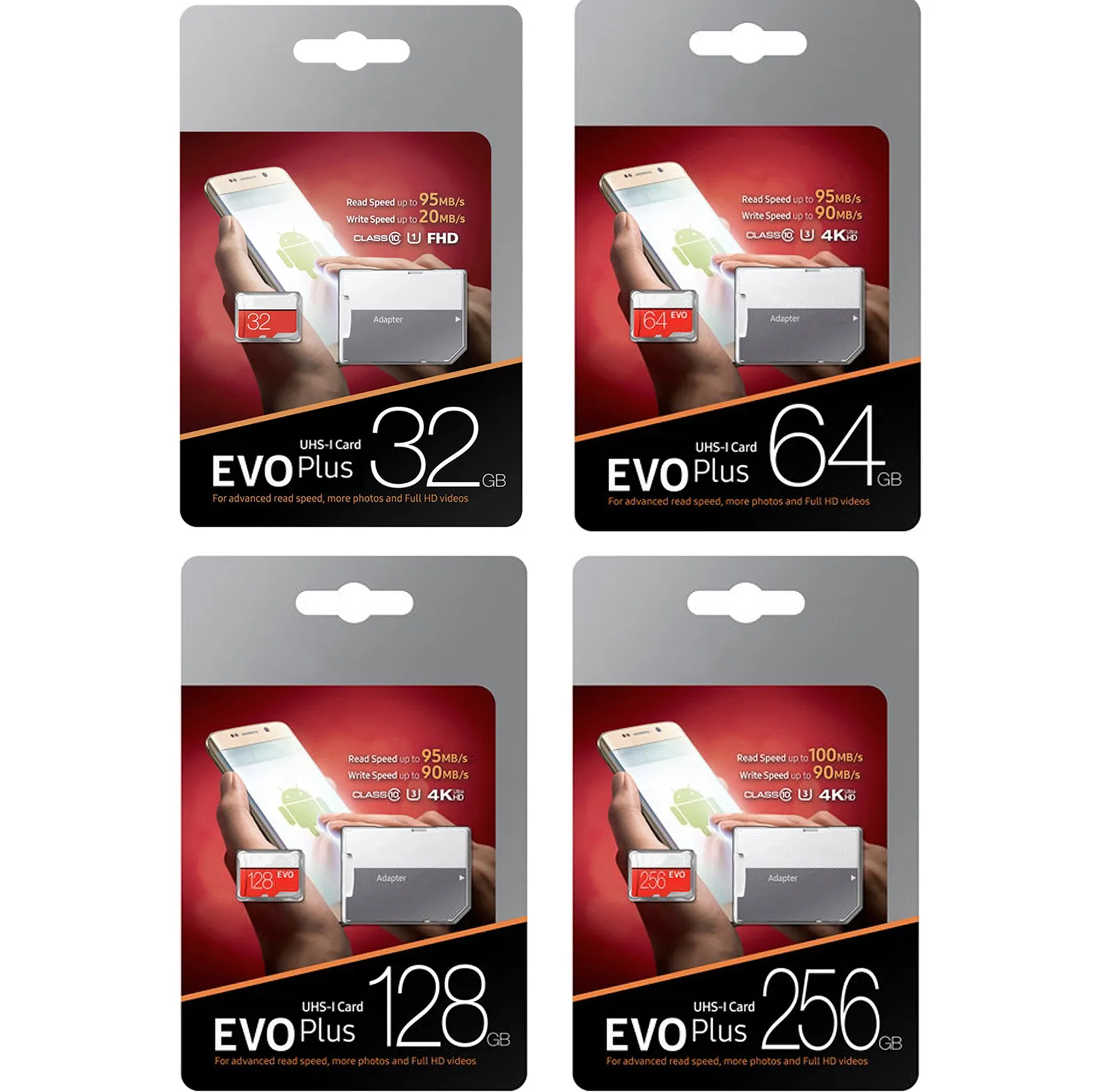 Neue EVO Plus 256 GB 128 GB 64 GB 32 GB Speicherkarte UHS-I U3 Trans Flash TF-Karte mit Adapter Einzelhandelsverpackung