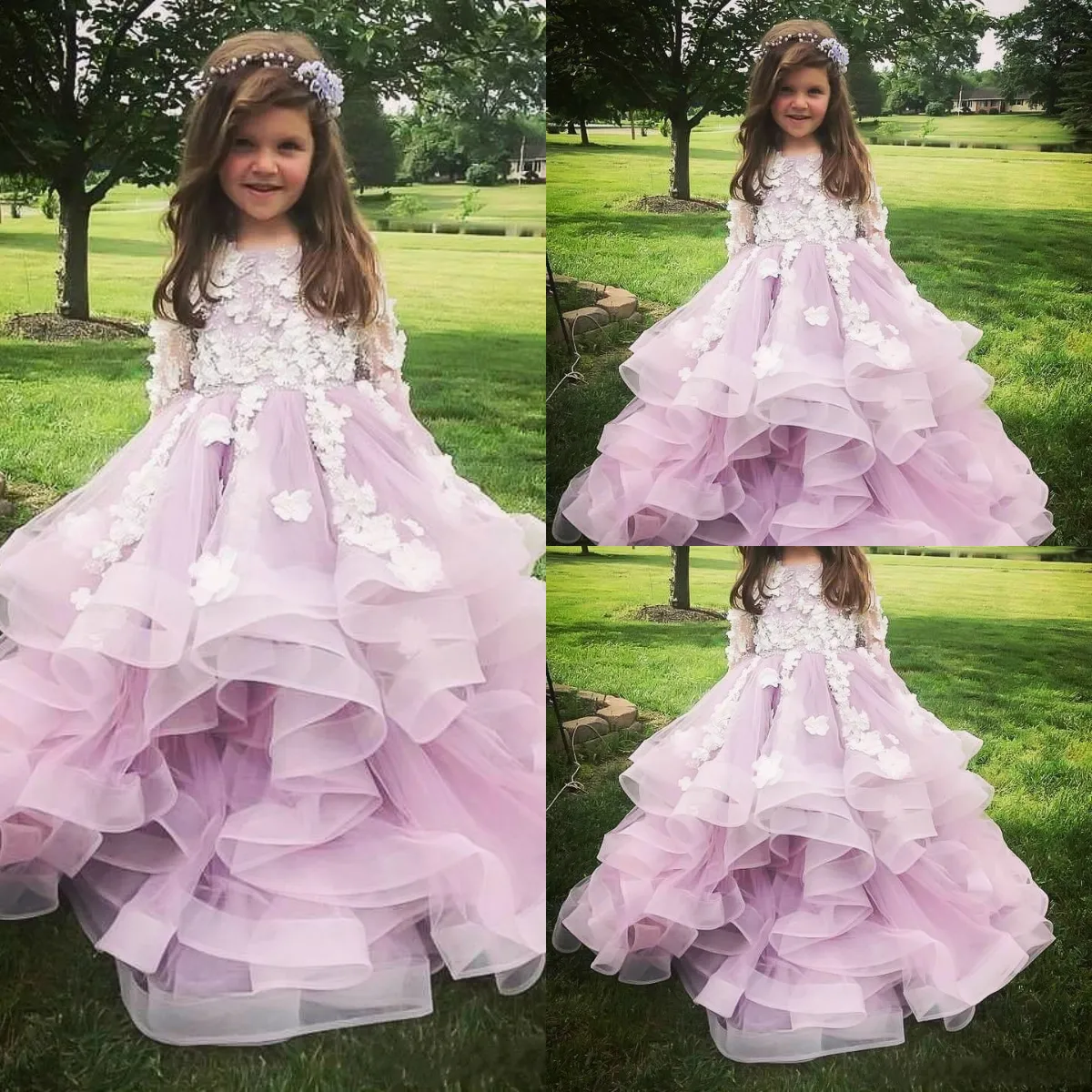 Işık Mor Ruffles Çiçek Kız Elbise Düğün İçin Vintage Uzun Kollu Aplikler Örgün Çocuk Parti Törenlerinde Pageant Elbise
