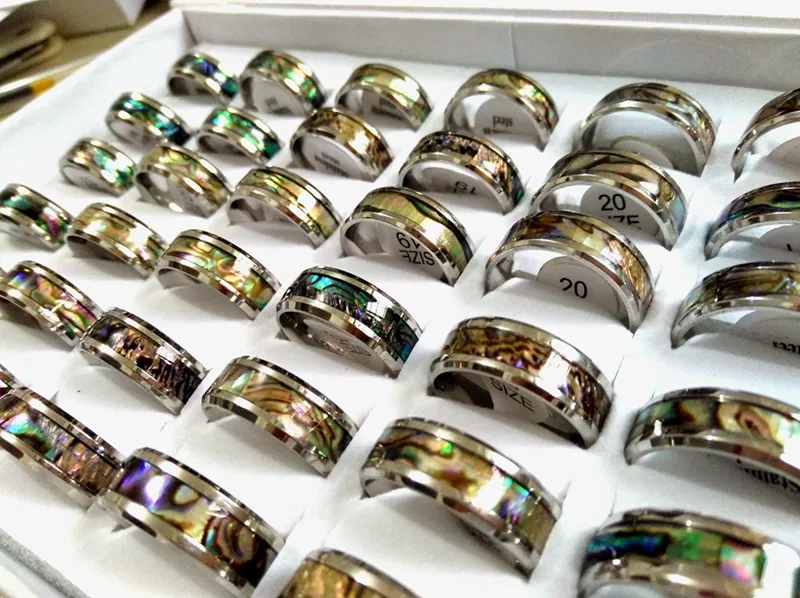 Whole 50pcs Unique Vintage Men Women Real Shell Stainless Steel Rings 8mm Band Colorful Beautiful Wedding Rings Seaside Party 254g