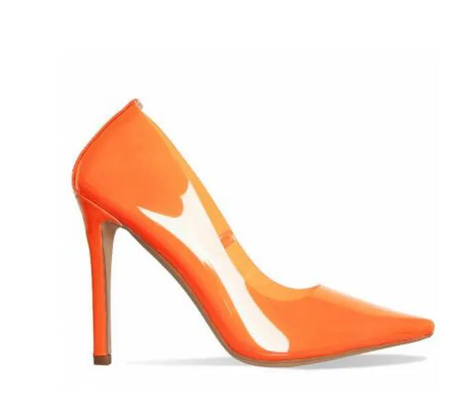 2018 Nude Orange Fuchsia Stiletto Heels Damen Sandalen Transparente PVC High Heels Damen Schuhe Klare spitze Damen Pumps
