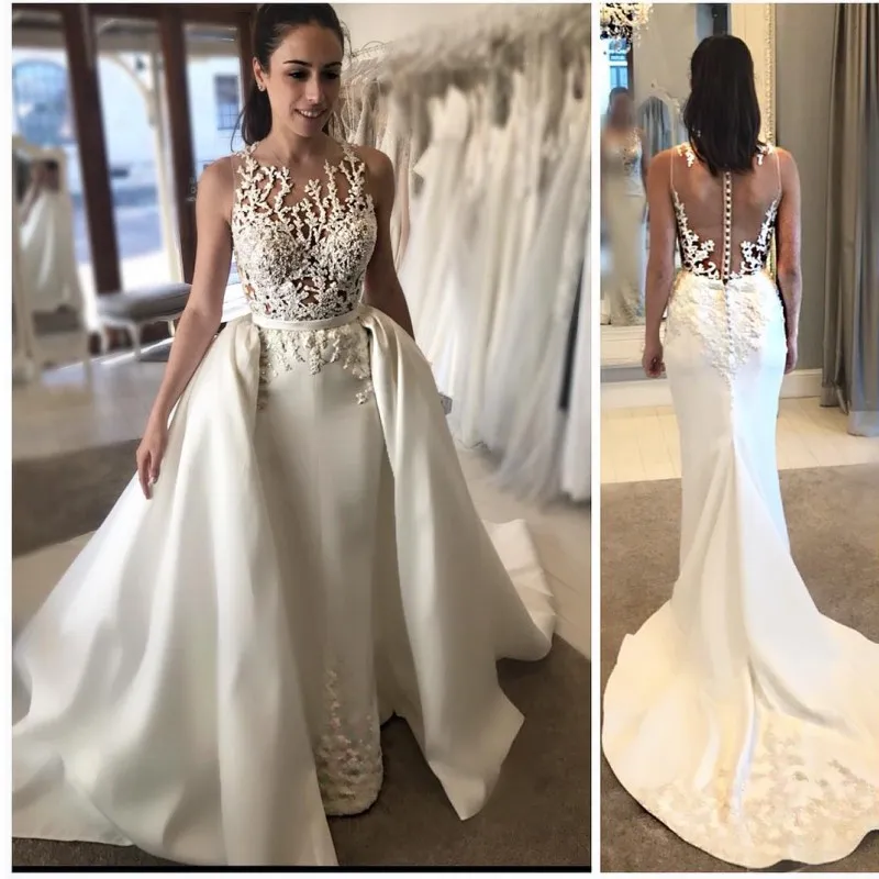 Elegant Satin Mermaid Wedding Dresses With Detachable Overskirt Beads Lace Applique Backless Bridal Dress Graceful Sweep Train Wedding Dress