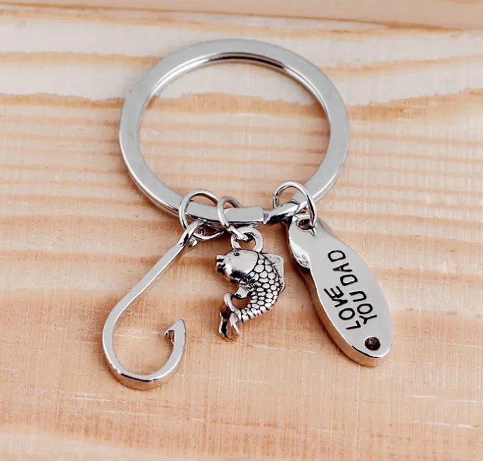 Fish Hooks Key Rings Metal Silver color LOVE YOU DAD Keychain Creative Keyring for Father Mens Fashion Jewelry Father's Day Gifts