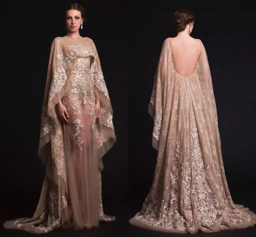 Luxury Krikor Jabotian Evening Dresses Bateau Neck Appliques Tulle Se genom Backless Formell Prom Pagant Klänning med Wrap