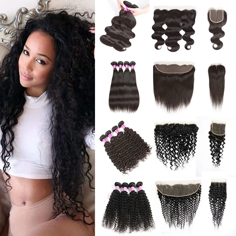 Human Virgin Hair Straight With Lace Frontal Closure Bundles Body Deep Water Natural Loose Wave Kinky Curly Peruvian Malaysian Idian Brazilian Weave Weft 10a Grade