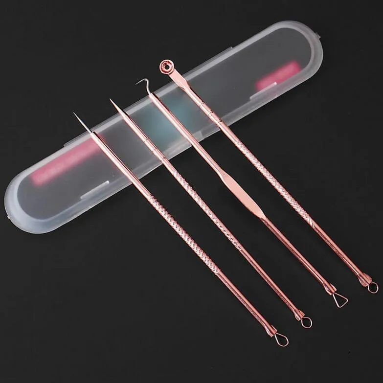 4 Teil/satz Rose gold Blemish Whitehead Mitesser Komm Fertig Akne Entfernung Extractor Remover Nadeln Pickel Kit Make-Up Werkzeuge geschenk Kostenloser Versand