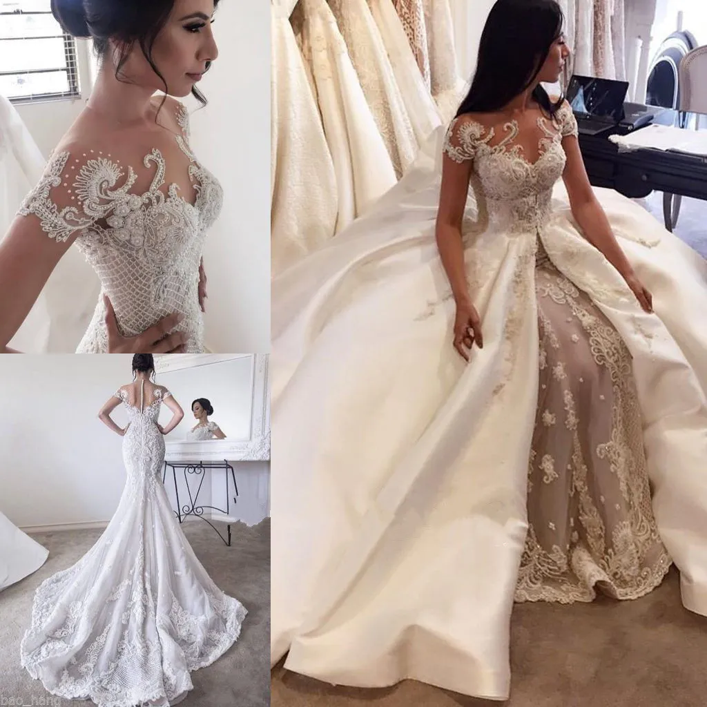 Ayrılabilir Tren Dubai Arapça Backless Wedding Gelinlik vestidos de Noiva ile Şeffaf Boyun Muhteşem Dantel Deniz Kızı Gelinlik