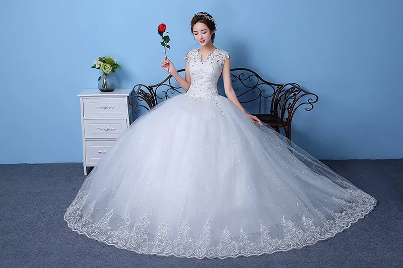 Cheap Customizable White Wedding Dress 2018 Korean Style Lace V Neck Vintage Bridal Gowns Discount Dresses vestido de noiva