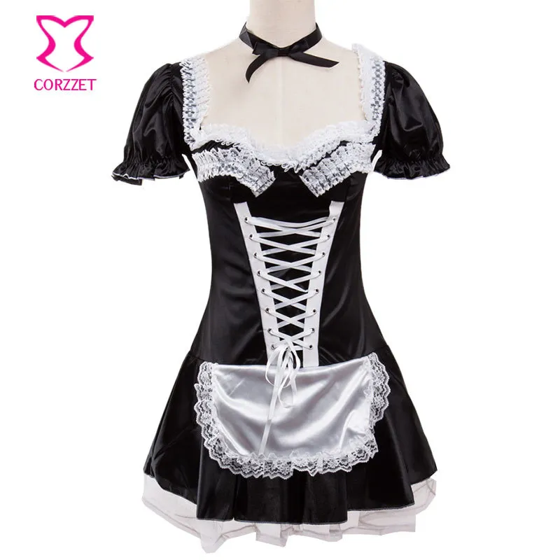 S-6XL Schwarzer Satin und weiße Spitze Fancy Mini French Maid Dress Cosplay Sexy Maid Kostüm Plus Size Halloween-Kostüme für Frauen Y1892611
