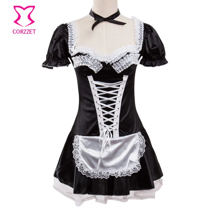 S-6XL Raso nero e pizzo bianco fantasia Mini vestito da cameriera francese Cosplay Costume da cameriera sexy Plus Size Costumi di Halloween per le donne Y1892611