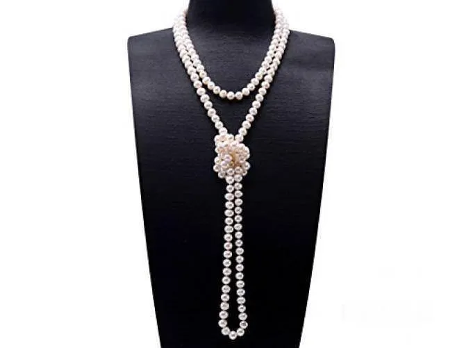 Collier noué à la main belle 7-8mm véritable perle de culture d'eau douce blanche naturelle longue 165cm bijoux de mode