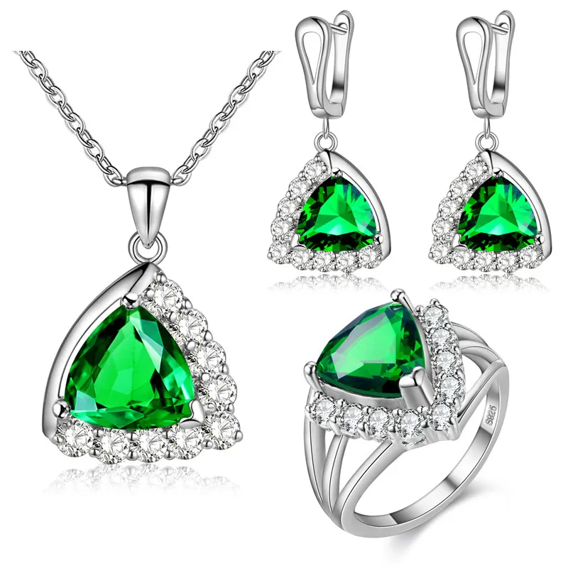 Vecalon 4 Farben Schmuck-Sets, Cz-Diamant, 925er Sterlingsilber, Halskette, Ohrringe, Ring, Schmuckset für Frauen, Geburtsstein, Geschenk, Ringgröße 6–9