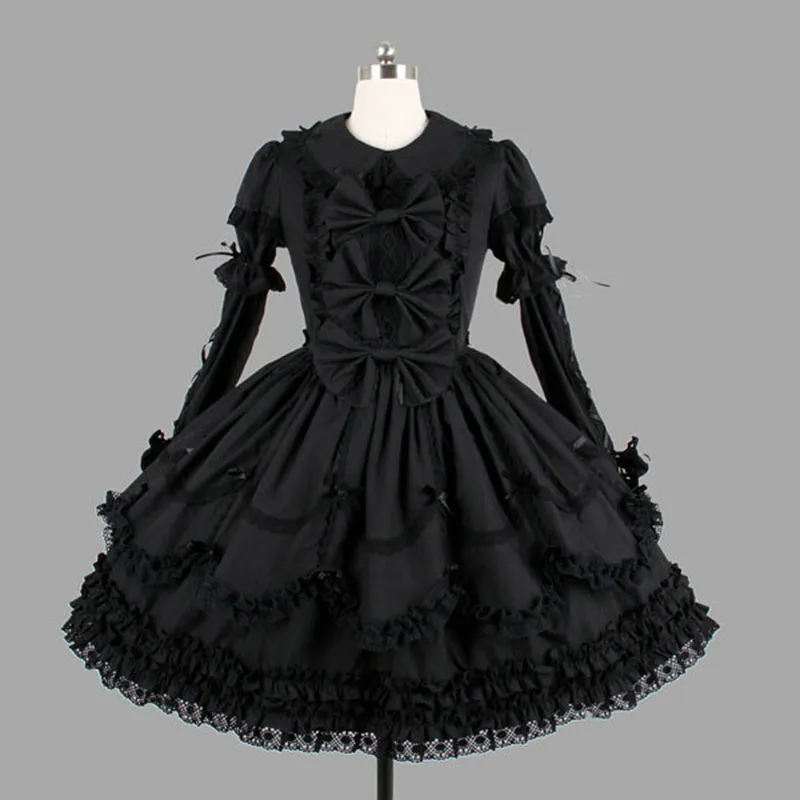 Themakostuum op maat klassieke zwart katoen lolita jurken lange mouw met verwijderbaar gelaagde cosplay kostuum voor meisje