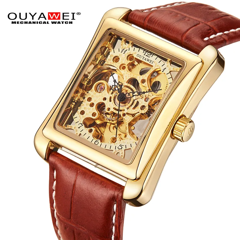 OUYAWEI Mechanical Watch Men  Wristwatch Leather Strap Self Wind Gold Skeleton Watch For Case Rectangle Sport Montre Homme