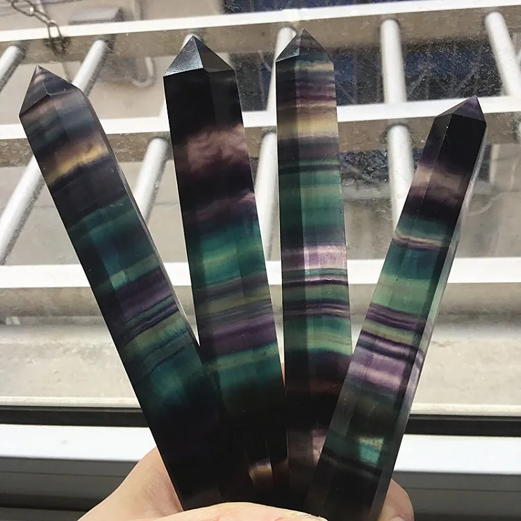 Belo Rainbow Natural Fluorite Apontado Obelisco Natural Cristal De Quartzo Colorido Fluorite Six Edge Point Wand Cura