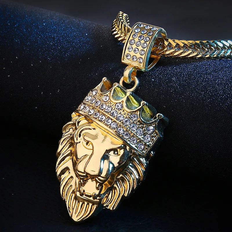 Hot Mens Hip Hop Jewelry Iced Out Placcato oro 18 carati Fashion Bling Bling Lion Head Ciondolo Collana da uomo Gold Filled regalo / regalo