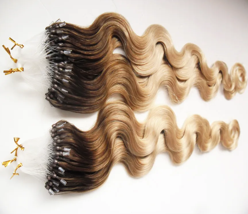 Ombre Remy Body Wave Loop Włosów Micro Ring Human Hair Extensions Wiązki Wskazówka 200g 4 Brown Color 613 Blonde Micro Bead Włosiane