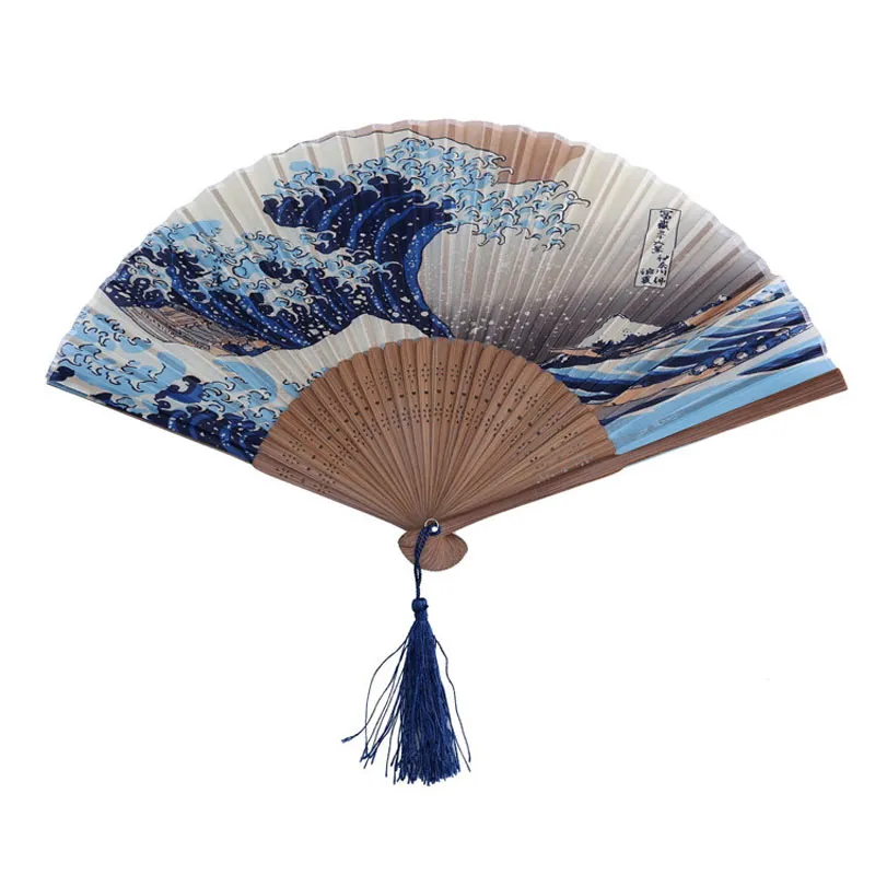 Wedding Favors Japanese Mount Fuji Kanagawa Blue Waves Silk Fan Bamboo Foldable Hand Fan Portable Fan QW7501