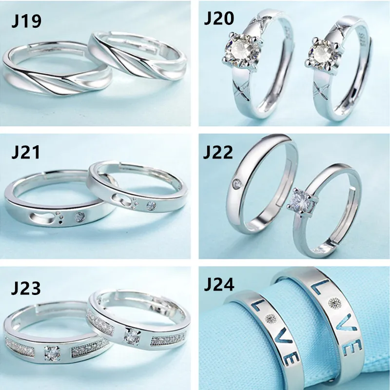 32 Designs Couple Rings Adjustable Lovers Rings 925 Silver Feather Heart Crown Cross Cubic Zirconia Rings