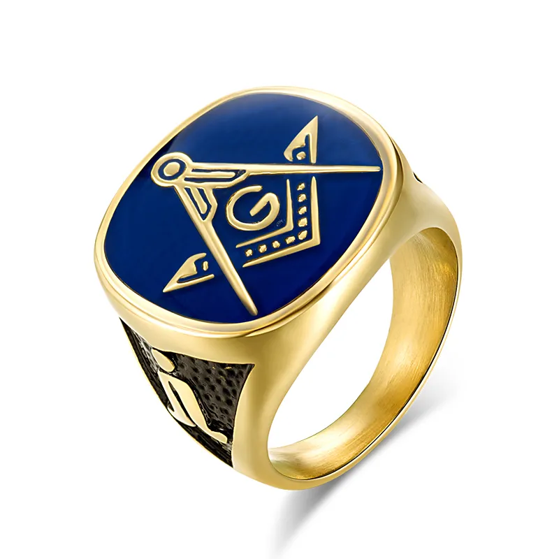 New Masonic Ring Gold Color Stainless Steel Big Ring for Men Blue Enamel Gift for Brother Friend