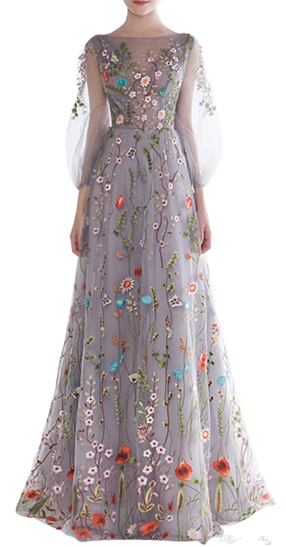 新しい女性の長袖のウエディングドレストレンディな花の刺繍AラインのイブニングドレスフォーマルパーティーガウンのページェントドレスVestios de Novia