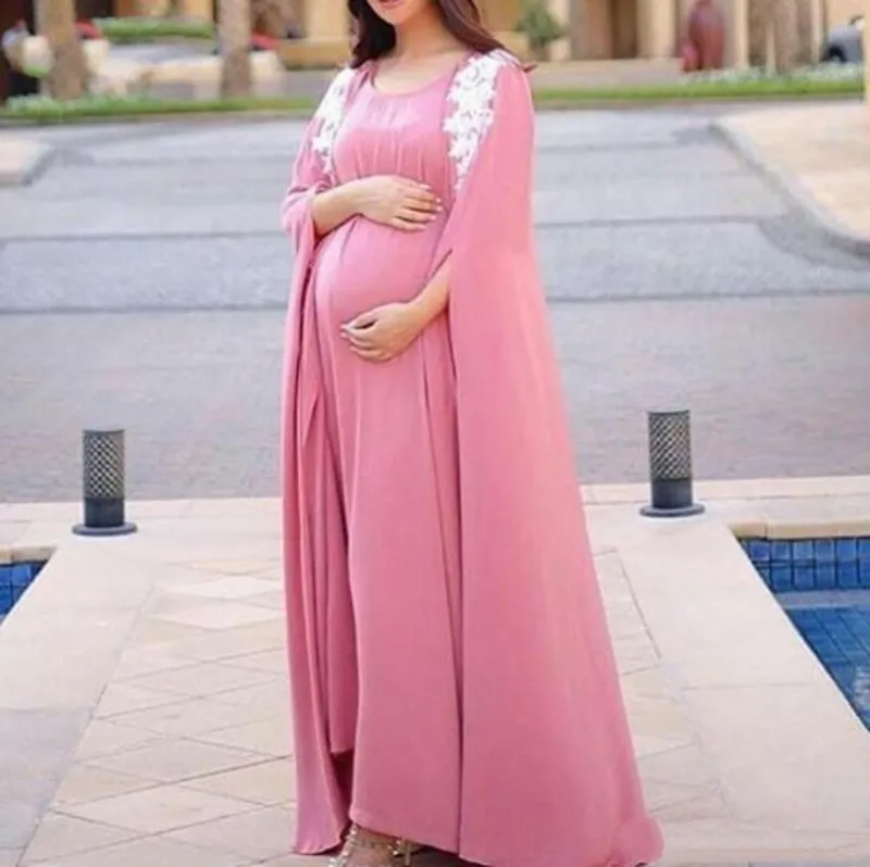 Zwangere vrouw cape-stijl avondjurken roze chiffon en kant appliques moederschap lange prom jurk plus size vrouwen formele feestjurken