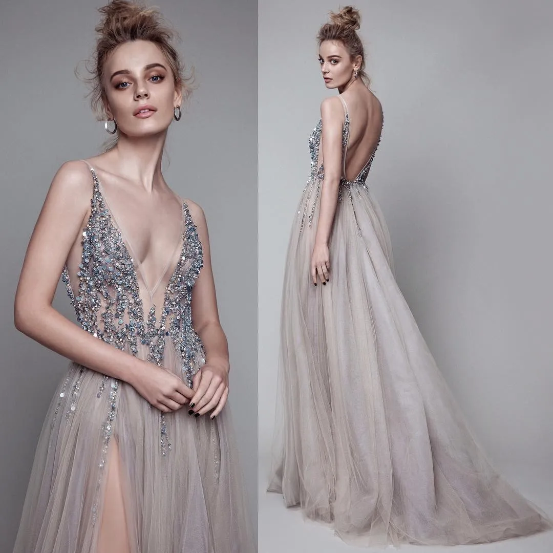 2018 Sexy Grogeous Sheer Top perlé col en V robe de soirée robe de bal longue argent paillettes perles mélange tulle robe de soirée dos nu Spl242t