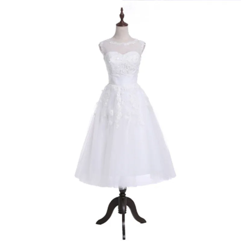 2018 Sexy Scoop Appliques Tea-Length A-Line Wedding Dresses With Pleat Button Tulle Zipper Bridal Gowns Vestido De Novia BA10