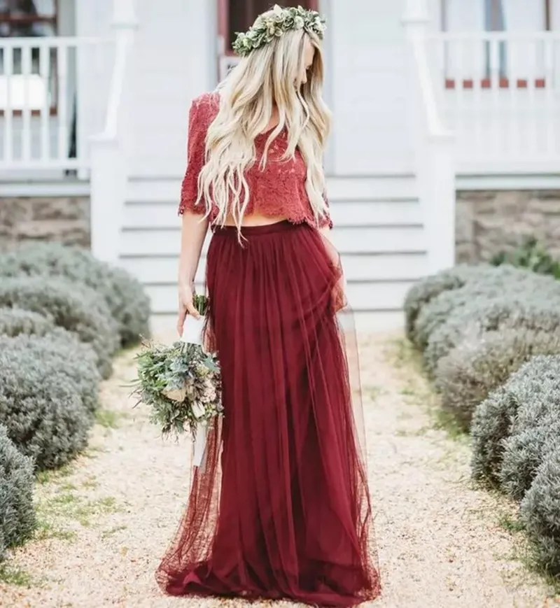 2019 Bohemian Dark Rode Wijn Twee stukken Bruidsmeisjes Jurken Lange V-hals Half mouwen Kant en Tulle Modern Wed Maid of Honour Jurken