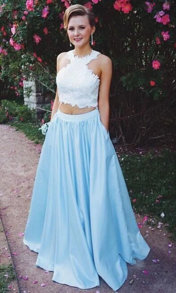 Twee stukken Prom Jurken Lange Formele Avondjurken Halter Hals Mouwloze Witte Kant Crop Top Een lijnrok met zakken Custom