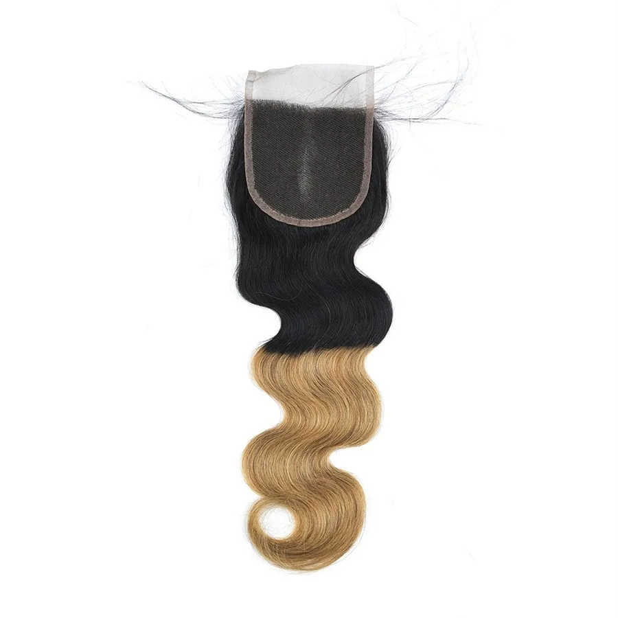 Extensions de cheveux brésiliens à armure courte Remy Hair 1B Honey Blonde Ombre Body Wave Trame de cheveux courts avec fermeture à lacet 4 * 4 Noeuds blanchis
