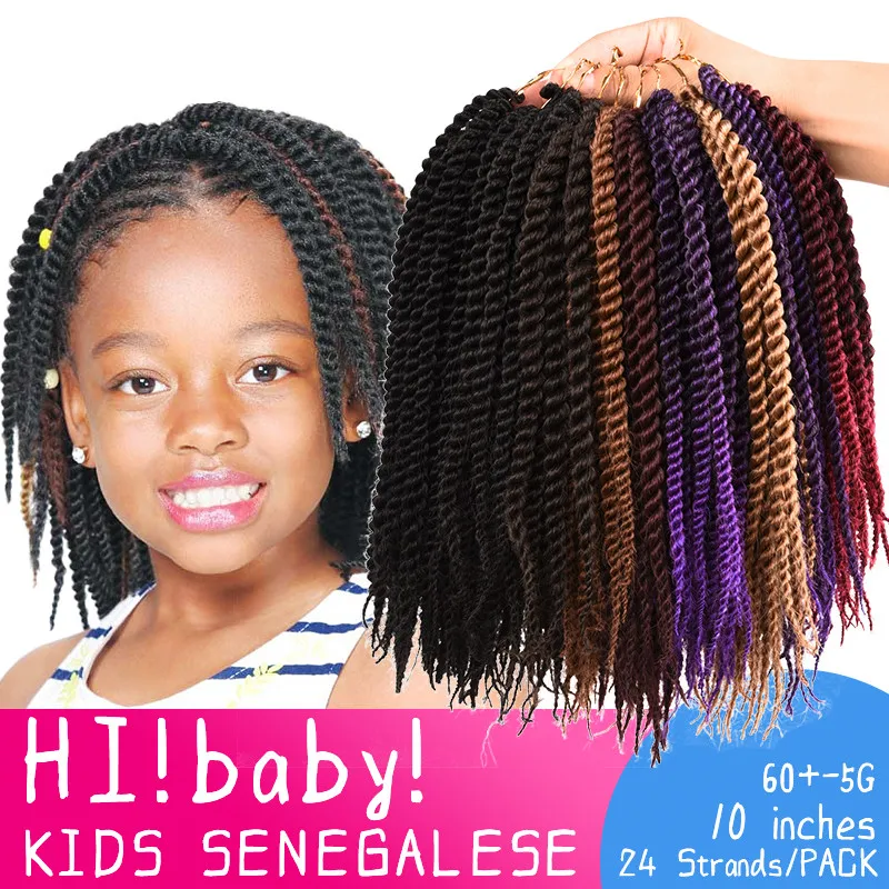 24Roots/pack Ombre Micro Crochet Senegalese Twist Braiding Hair Extensions 10" Kids black Purple Braids hair for Children