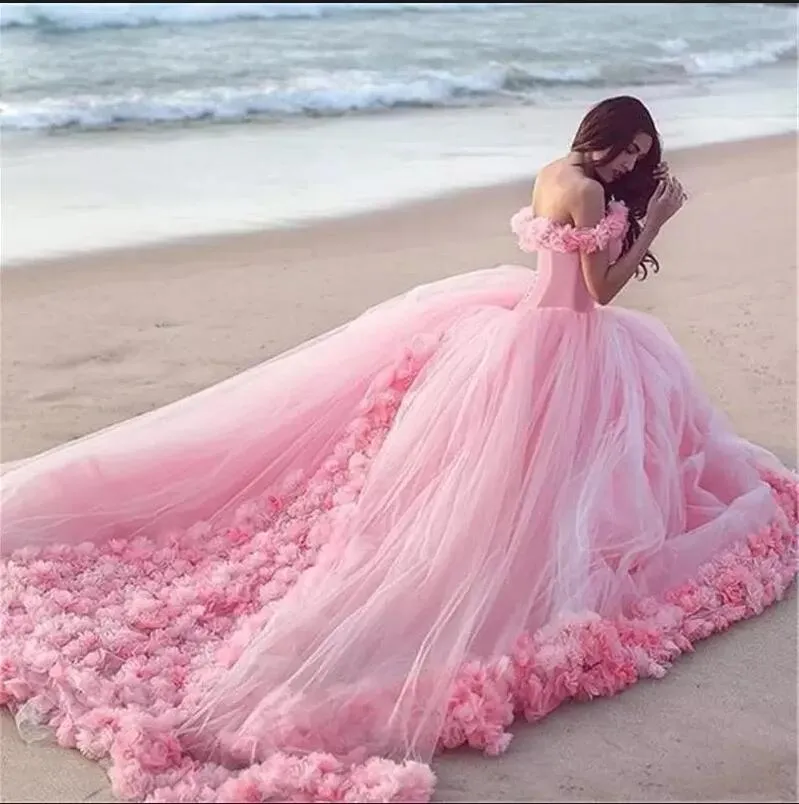 2020 vestidos de casamento rosa princesa 3d-floral apliques grande inchado modesto vestidos de noiva manga curta plus size vestido de baile casamento dres282r