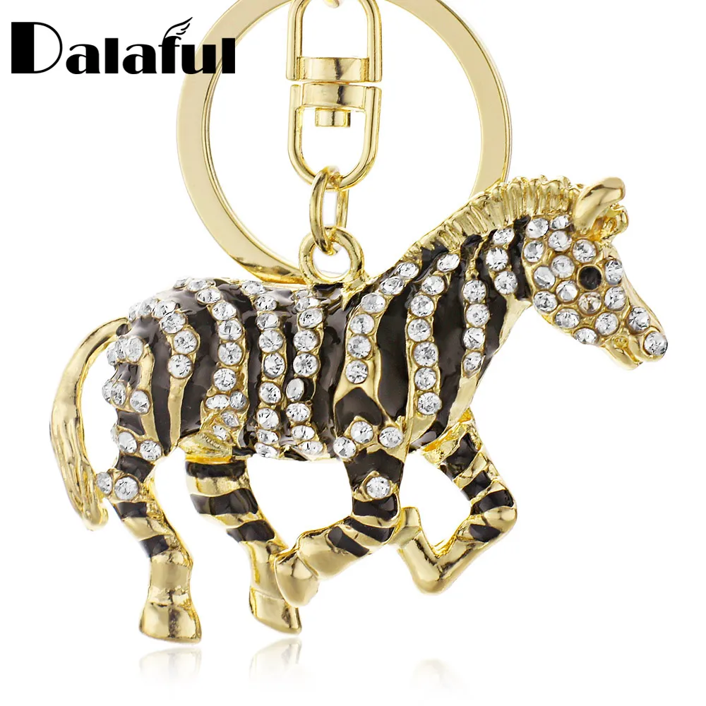 Llaveros moda negro cebra caballo cristal Rhinestone Metal bolsa colgante cadenas titular mujeres llaveros para coche K180